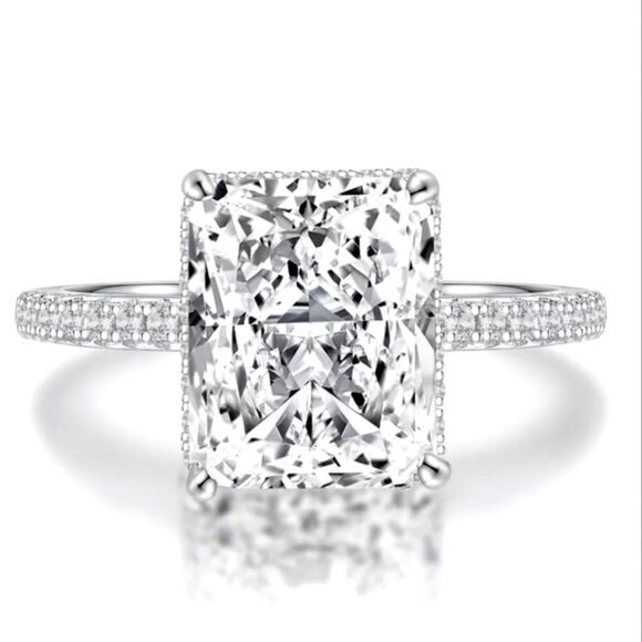 2.94 CT Emerald Gray Bezel and Comfort-Fit Moissanite  Silver Moissanite Emerald Cut Engagement